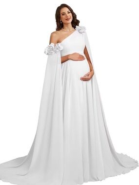 NWT Elegant One-Shoulder White Maternity Wedding/Formal Gown with Floral Accents